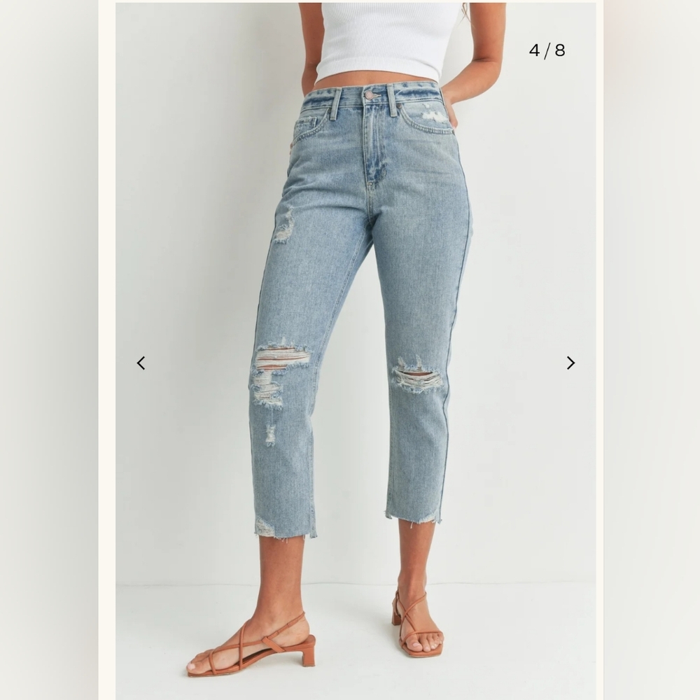 JUST BLACK DENIM- 100%cotton Distressed Boyfriend Jeans Raw Hem Size 28. LikeNew